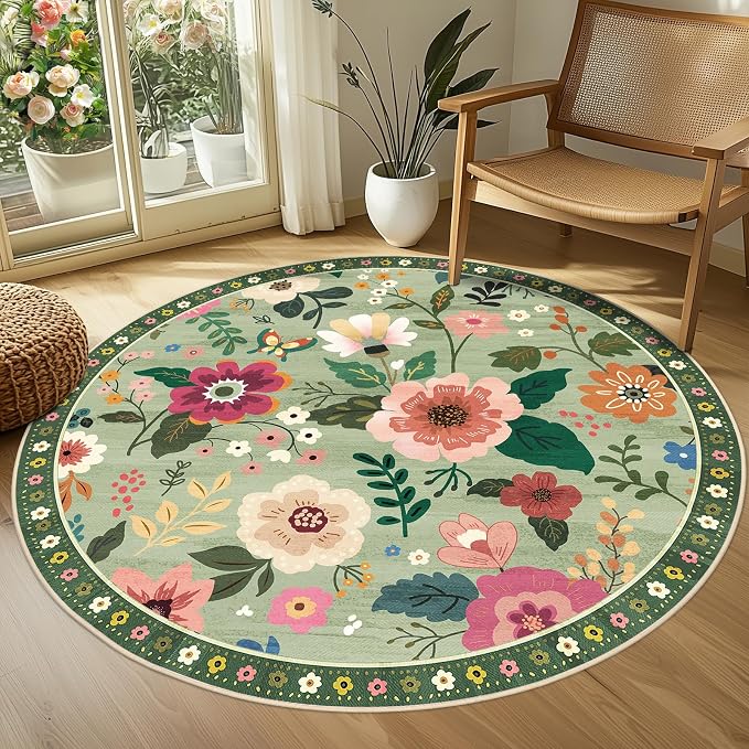 RELEANY Floral Washable Round 6ft Area Rug LightGreen | Flower Carpet Print - Image 2