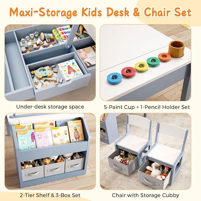 5-in-1 Kids Art Table and Chairs, Wood Toddler Table and Chair Set - Image 6