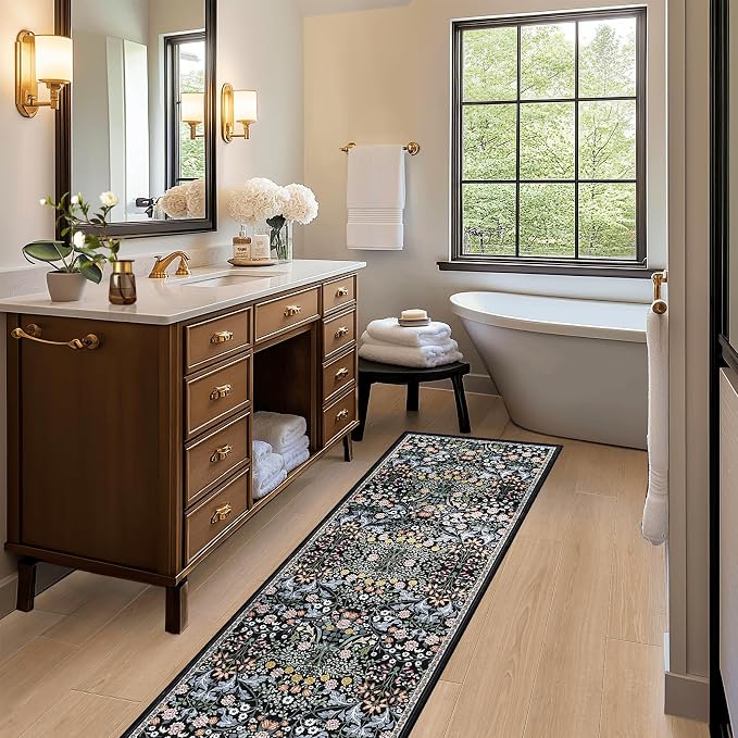 PLHXFR 2.6x8 Washable Runner Rug：Floral Indoor Kitchen Carpet Dark Black | - Image 5