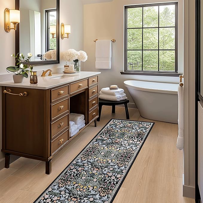 PLHXFR 2x5 Washable Runner Rug：Floral Indoor Kitchen Carpet Dark Black | - Image 6