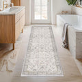 Washable 2x7 Runner Rug for Bathroom, Vintage Boho Light Gray & Sage Runner Rug by HazoHaus