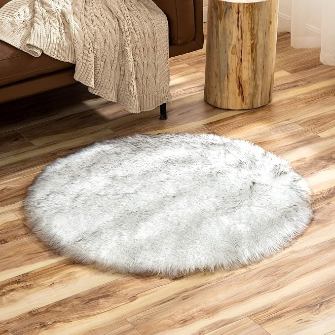 Latepis Grey and White Small Round Rug 3ft Faux Sheepskin Fur Circle Rug - Image 7