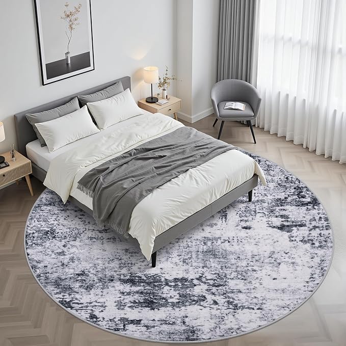 Round Area Rug Living Room: 8 ft Modern Washable Carpet Grey | - Image 2