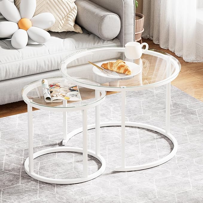 aboxoo White Nesting Glass Table Set of 2, Small Glass Round Nesting Tables by aboxoo