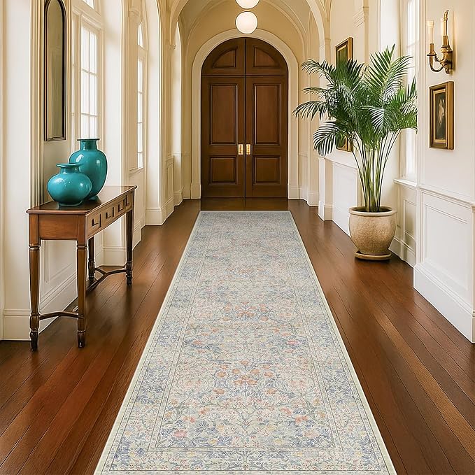 Beige Blue Washable 2'6"x10' Wide Hallway Runners, Kitchen Runner Rug, Non-Slip by HazoHaus