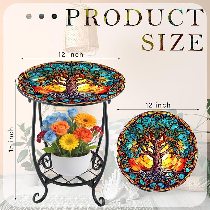 Cinnvoice Outdoor Side Table Round Small Mosaic Patio Accent Indoor End Plant - Image 3