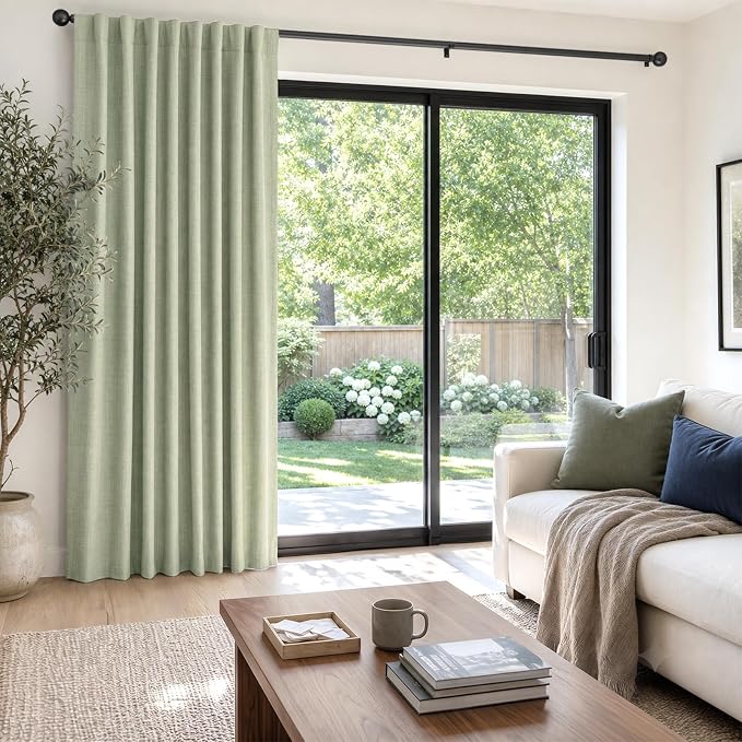 Faux Linen Total Blackout Sliding Door Curtains 108 Inches Long, Sage Green | - Image 5