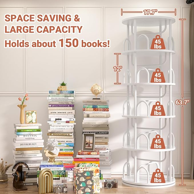 Aheaplus 5 Tier Rotating Bookshelf Tower, 360 Display Spinning Bookcase - Image 2