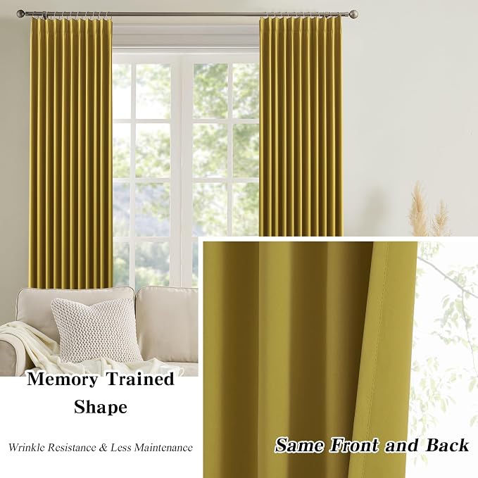 Yellow Pinch Pleated Curtains 96 Inch Length 2 Panels Set Noise Cancelling - Image 6