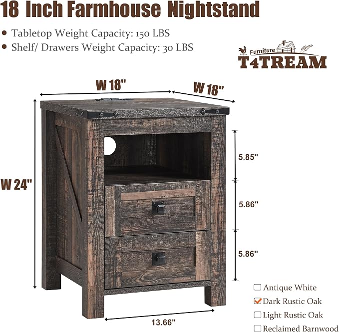 T4TREAM Nightstand with Charging Station, End Table, Side Table with 2 Drawers - Image 2