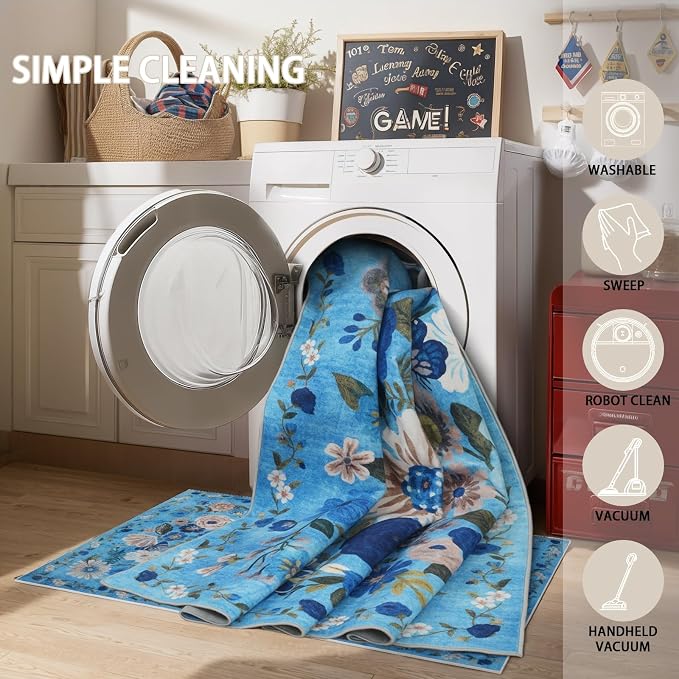 Blue Floral Area Rug 8x10 for Living Room Bedroom | Non Slip; Stain Resistant; - Image 6