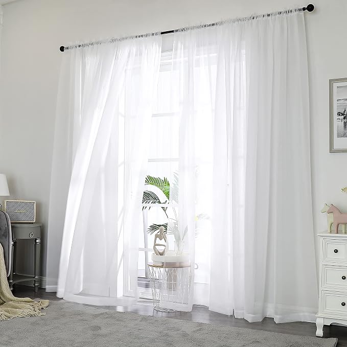 White Sheer Curtains 72 Inches Long 2 Panels Set, Transparent Voile Sheer by OWENIE