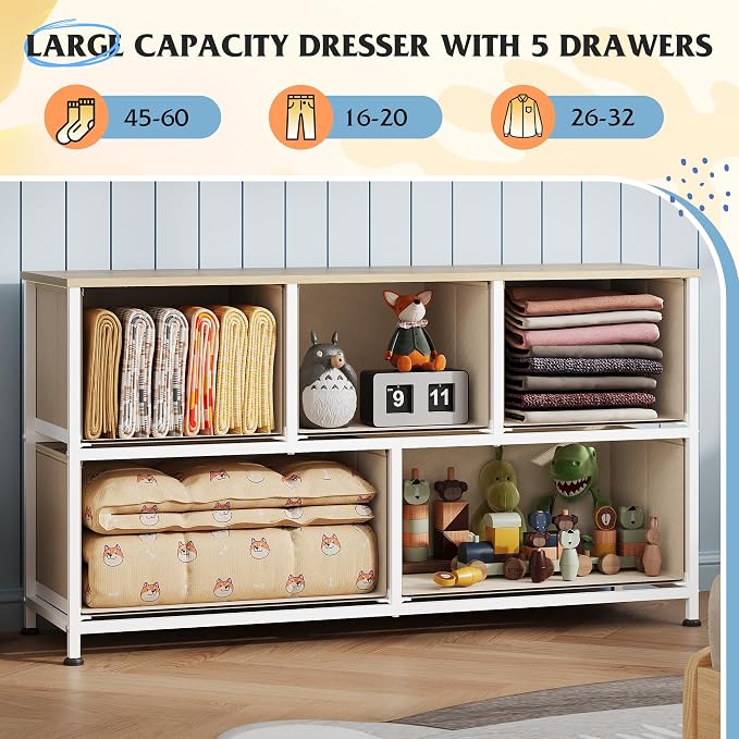 WLIVE Dresser for Bedroom with 5 Drawers, Wide Chest of Drawers, Fabric Dresser - Image 4