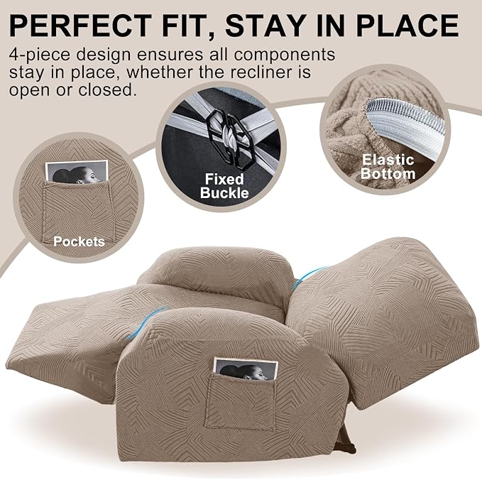 Oversized Recliner Chair Covers, 4-Piece Stretch Geometric Strokes Jacquard - Image 4