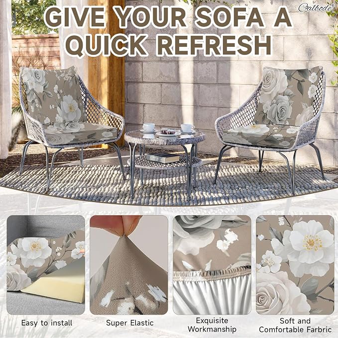 CALBODE 8Pcs Stretch Patio Cushion Cover, Vintage Floral Printed Couch & Sofa - Image 3