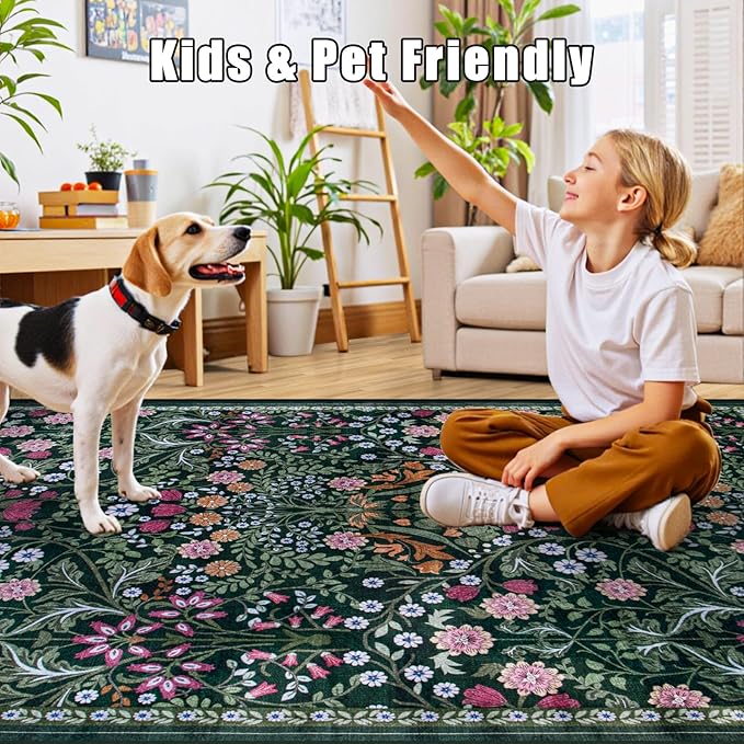 PLHXFR 2.6x8 Washable Runner Rug：Floral Indoor Kitchen Carpet Dark Green | - Image 9