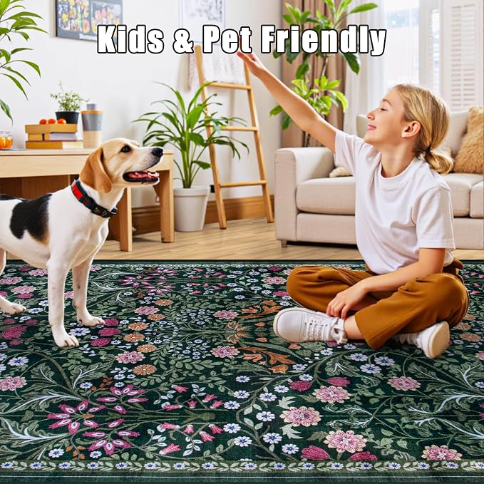PLHXFR 2.6x10 Washable Runner Rug：Floral Indoor Kitchen Carpet Dark Green | - Image 6