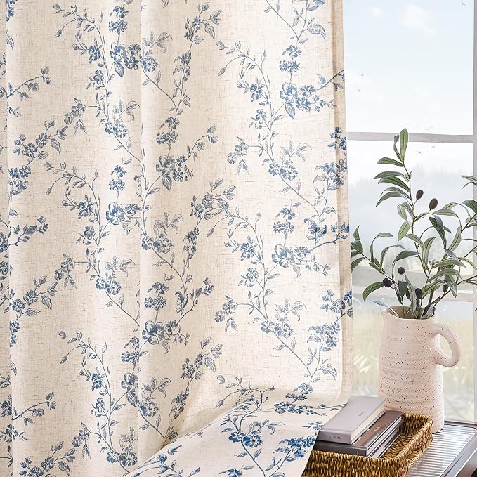 Blue Vintage Floral Linen Curtains Farmhouse 50W X 84L 2 Panels | Elisa Series - Image 8