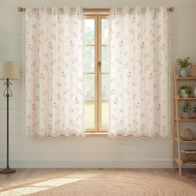 Boho Floral Light Filtering Curtains 63 Inch 2 Panels Linen Texture | Farmhouse by Unknown