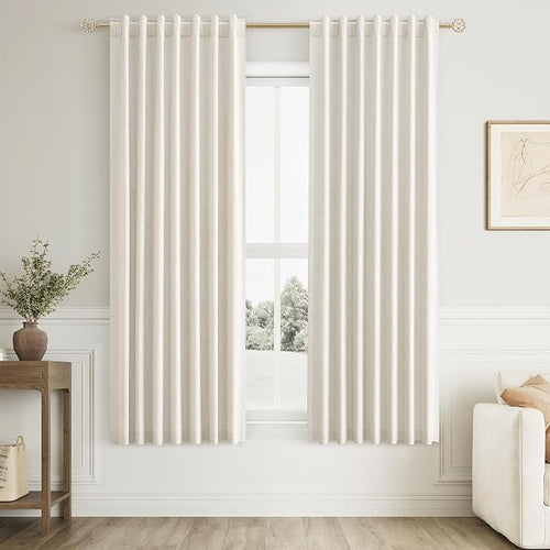 100% Blackout Linen Curtains for Bedroom 68 Inches Long Natural Cream Black Out by Guken