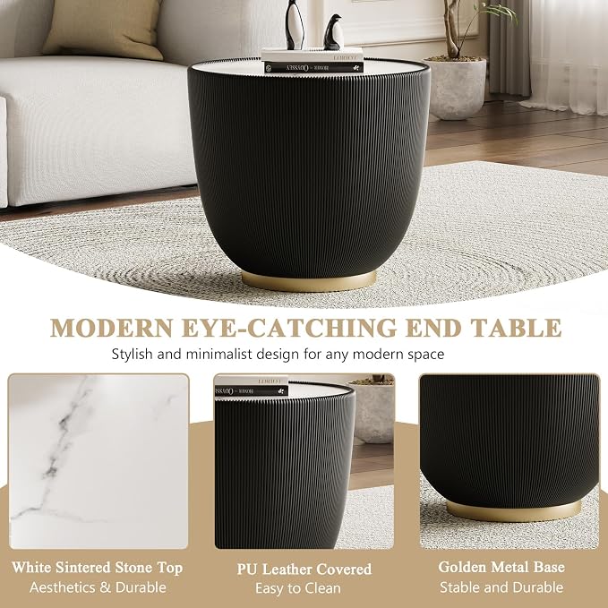 Black Round Side Table, 19.7" Faux Marble Fluted End Table - Image 6