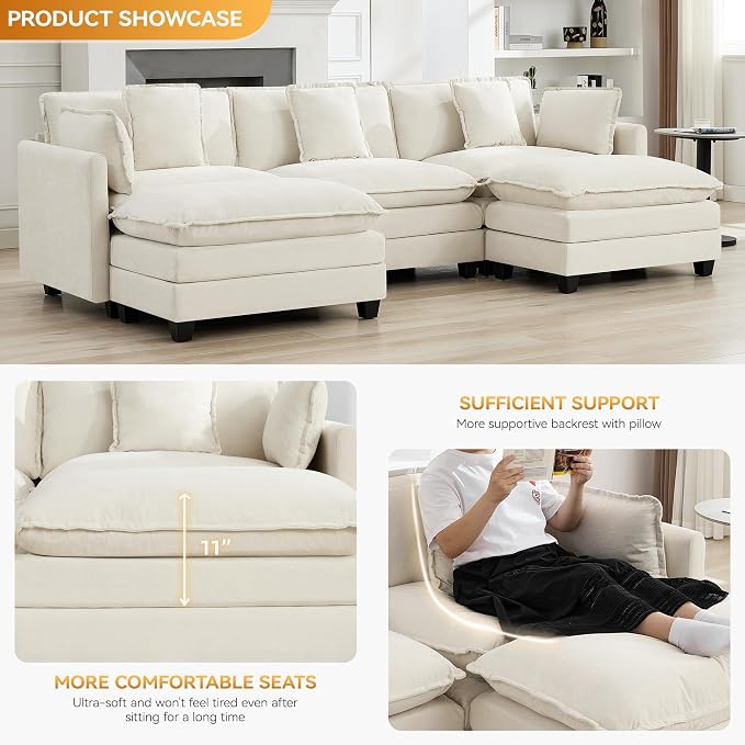 111'' Sectional Cloud Deep Seat Couch, Oversized Chenille U Shaped Sectional - Image 3