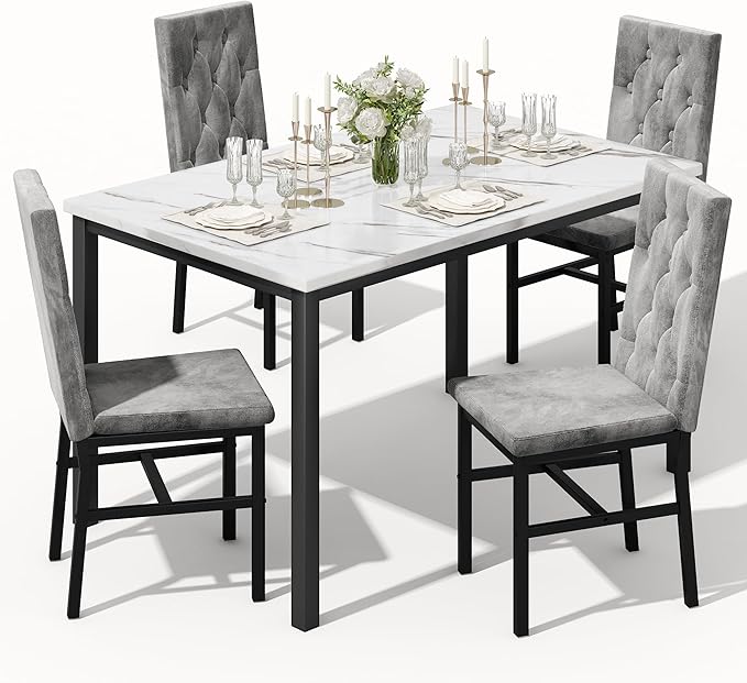 Hooseng Dining Table Set for 4, Faux Marble Small Kitchen Table Chairs Set of 4 by Hooseng