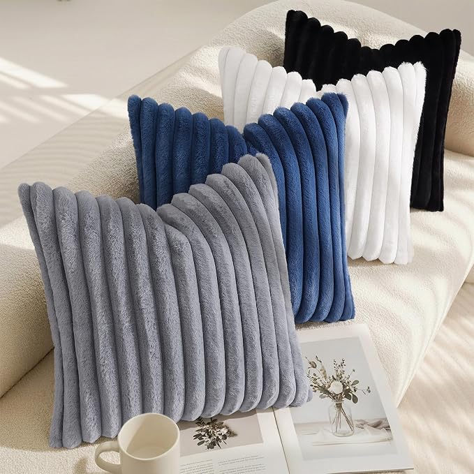 decorUhome Fall Faux Fur Throw Pillow Covers 24x24 Set of 2 Navy Blue | - Image 7