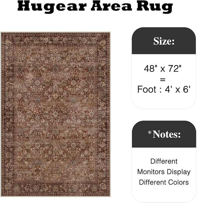 4x6 Brick Red Vintage Floral Washable Area Rug - Image 2