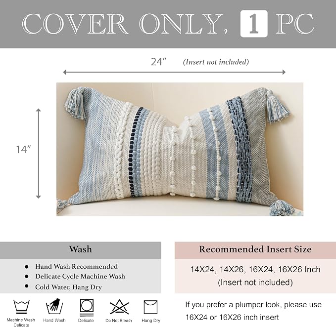 Decorative Lumbar Throw Pillow Cover 14x24 Boho Coastal Blue Accent Cushion - Image 5
