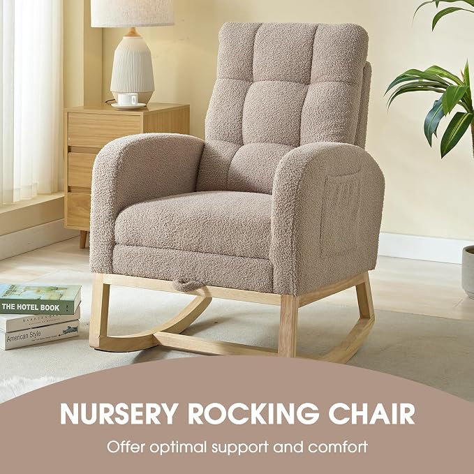 NIOIIKIT Modern Nursery Rocking Chair, Teddy Upholstered Rocking Chair - Image 4