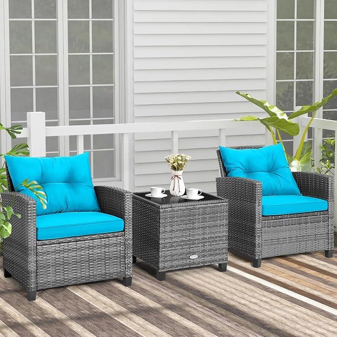 COSTWAY 3PCS Patio Furniture Set, PE Rattan Wicker Sofa w/Washable Cushion and - Image 2