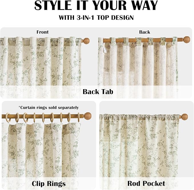 Green Vintage Floral Linen Curtains Farmhouse 50W X 63L 2 Panels | Elisa Series - Image 5