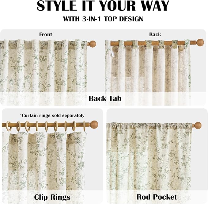 Green Vintage Floral Linen Curtains Farmhouse 38W X 84L 2 Panels | Elisa Series - Image 4