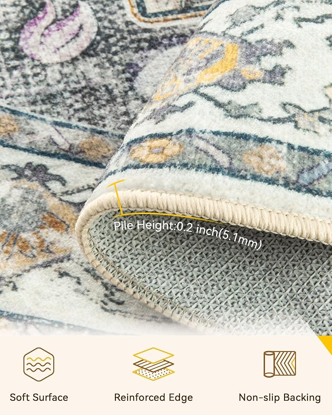 RELEANY Area Rugs Round 5ft Washable Non-Slip, Floral Vintage Distress Print - Image 3