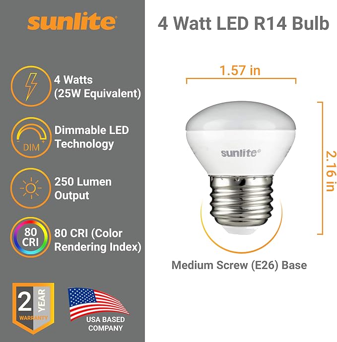 Sunlite LED R14 Mini Flood Light Bulbs, 4 Watts, 250 Lumens, Medium Base - Image 2