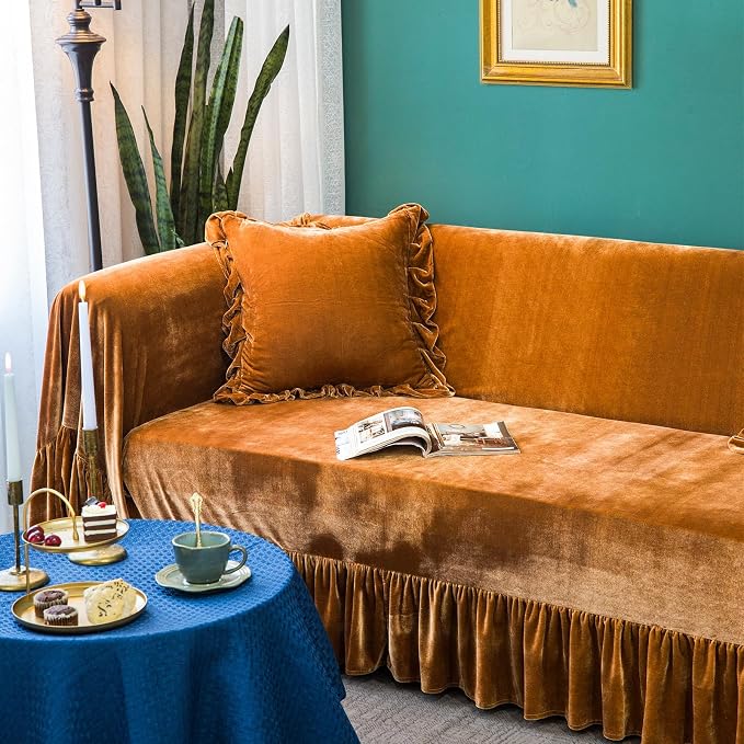 GLORY SEASON Velvet Sofa Cover Soft Decorative Luxurious Solid Exquisite Ruffle - Image 4