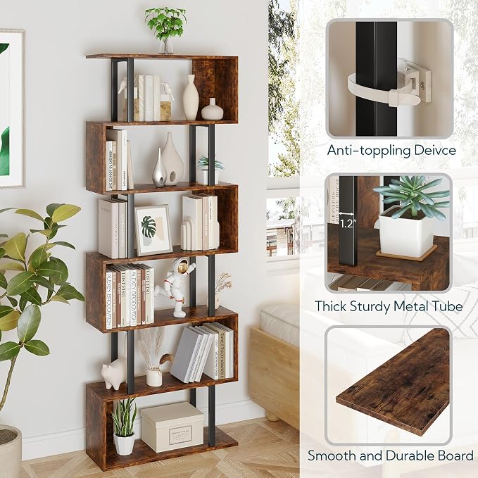 Yusong Geometric Bookcase, S Shaped Bookshelf 6-Tier Book Shelves - Image 5