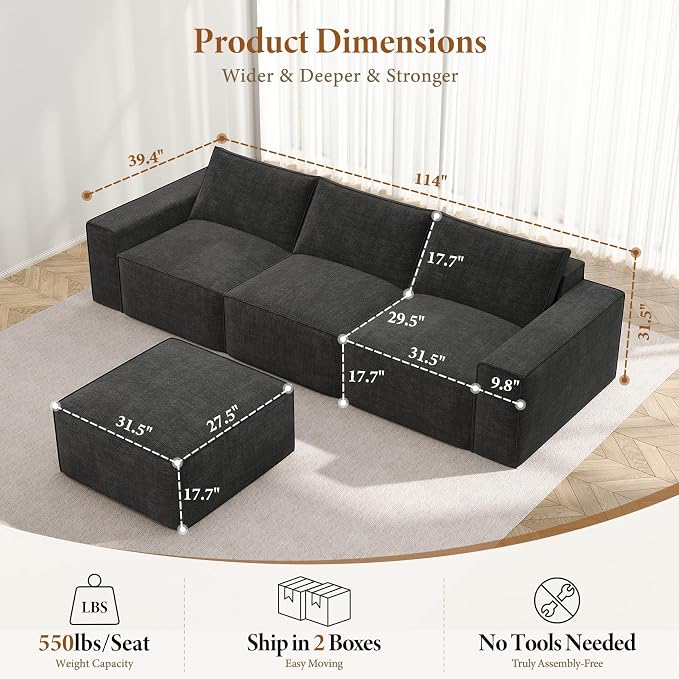 Vesgantti 114" Modular Boneless Couch, Modern 3 Seater Sectional Sofa - Image 2