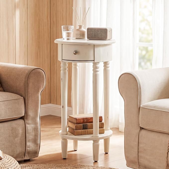 HOMPUS Round End Table with Drawer, Tall end Table with Open Shelf, Farmhouse - Image 7