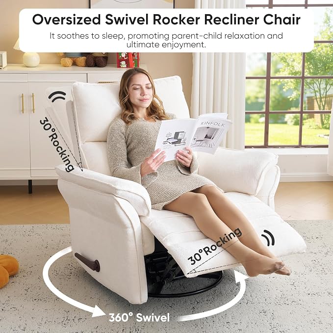 Rocking Chair Nursery with Adjustable Headrest, Manual Swivel Rocker Recliner - Image 4