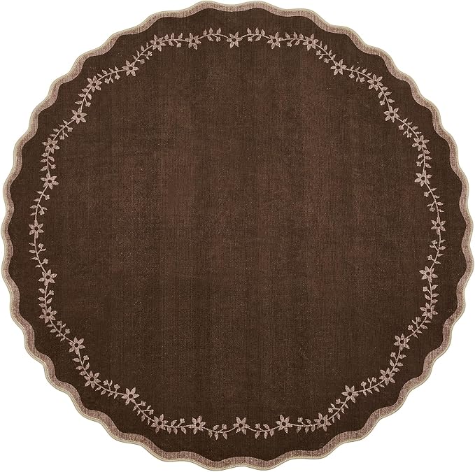 GarveeHome Round Rugs 4ft Scalloped Washable Brown Circle Rug by GarveeHome