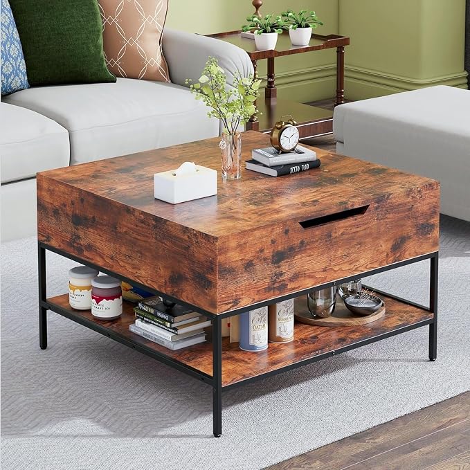 Coffee Table with Storage, Square Coffee Table with Display Shelf and Hidden - Image 6