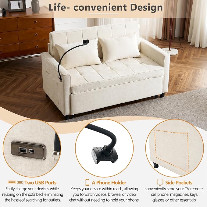 3 in 1 Convertible Sleeper Sofa Bed, 56.9" Small Pull Out Couch Bed - Image 7
