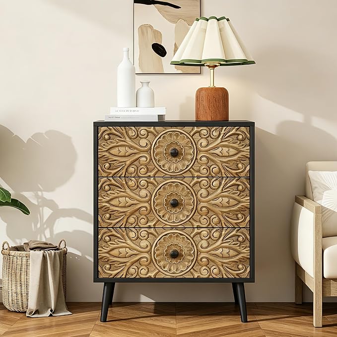 Carved Black Wood Nightstand, 3 Drawers Accent Cabinet, Vintage End Table - Image 8