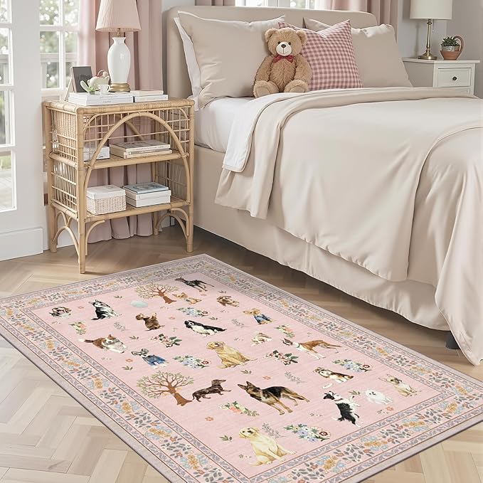 Pink Area Rug 3x5 for Bedroom Entryway Dog Animal Rug | Ultra-Thin; Non Slip; by WelcometoBabovid