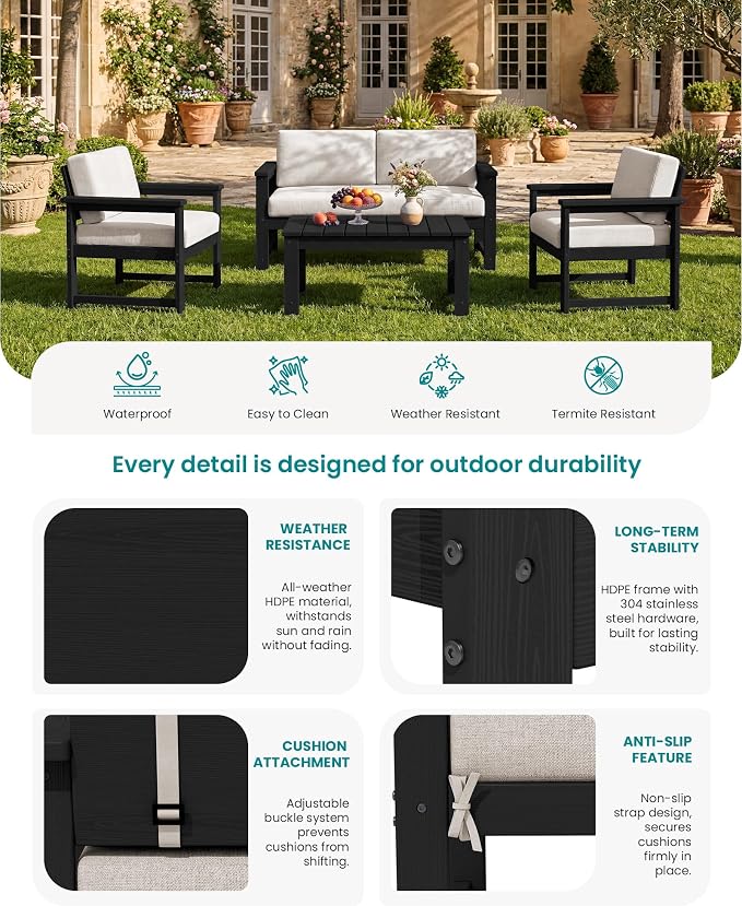 SERWALL 5 Pieces HDPE Outdoor Conversation Sofa Set - Image 4