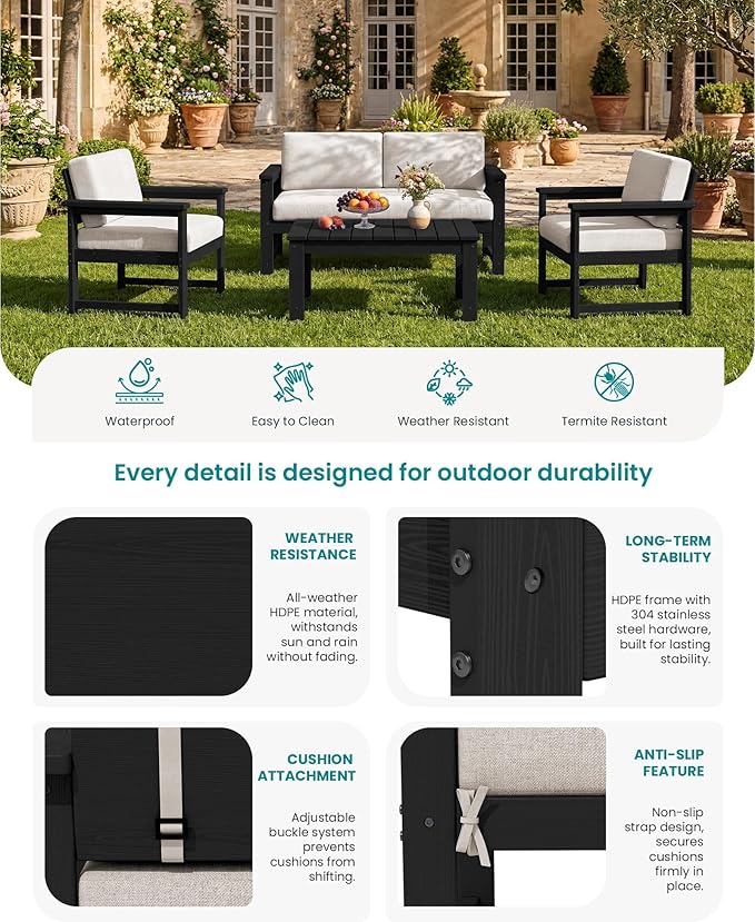 SERWALL 3 Pieces HDPE Outdoor Sofa Bistro Set - Image 4