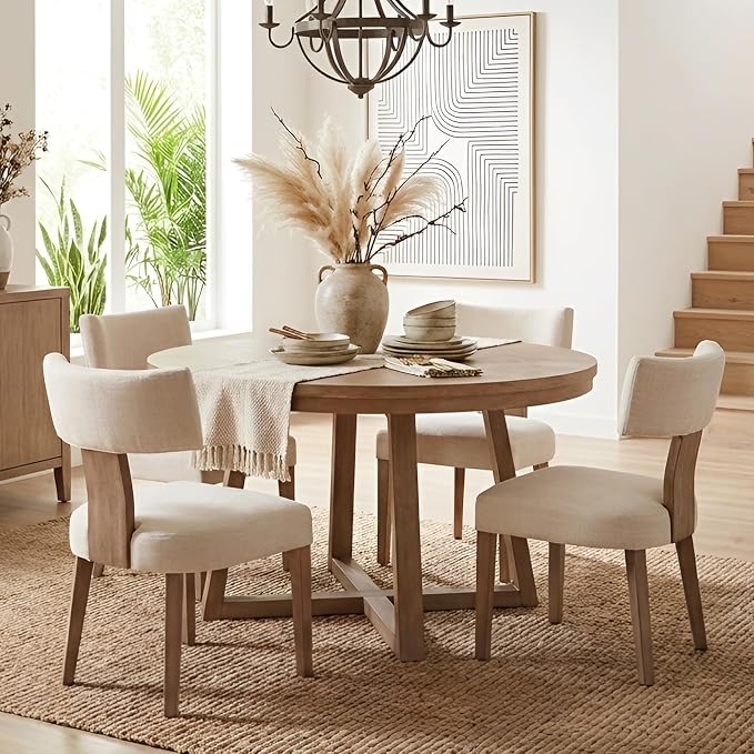 HNY Mid Century Modern Dining Chairs Set of 4, Farmhouse Linen Fabric by HNY