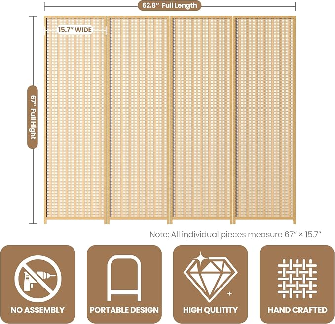 4 Panel Room Divider and Extra Wide Folding Privacy Screen, Bamboo Room Divider - Image 2